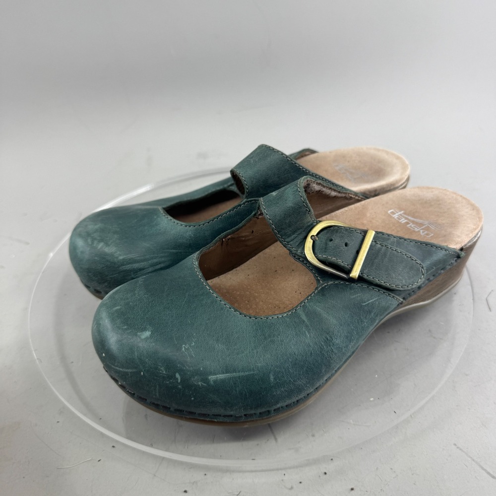 Dansko Womens Leather Mary Jane Clogs Teal Green Buckle Wedge Mules Size 37 7